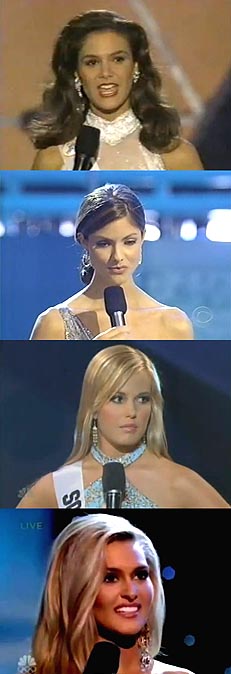 Past pageant contestants who had notable pageant question flubs: Dawn Renee Huey-Miss Delaware Teen USA 1995, Larissa Meek-Miss Missouri USA 2001, Lauren Caitlin Upton-Miss South Carolina Teen USA 2007, Audrey Bolte-Miss Ohio USA 2012