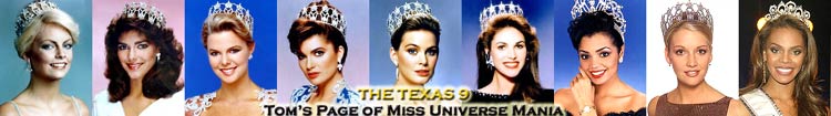 The 9 Miss USAs from Texas: Kim Tomes (1977), Laura Martinez Harring (1985), Christie Fitchner (1986), Michelle Royer (1987), Courtney Gibbs (1988), Gretchen Polhemus (1989), Chelsi Smith (1995), Kandace Krueger (2001), Crystle Stewart (2008)