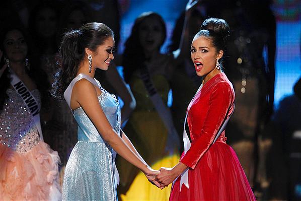 Philippines-Janine Tugonon and USA-Olivia Culpo as Olivia reacts when she is declared Miss Universe 2012