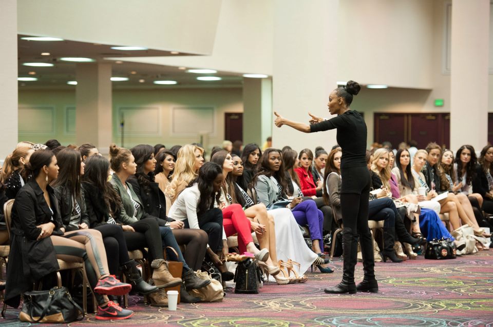 Lu Sierra, Fashion Walk Consultant, works with the Miss Universe Contestants during rehearsals at Bally's Las Vegas Hotel & Casino in Las Vegas, Nevada.