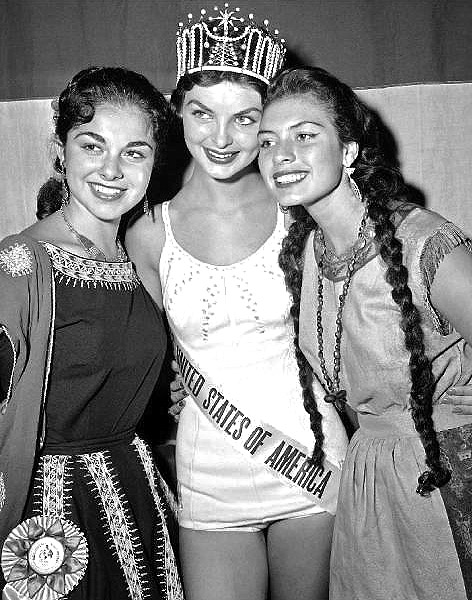 Leona Gage-Miss USA 1957 surrounded by Israel's Atara Barzely and Peru's Gladys Zender who would win Miss Universe 1957